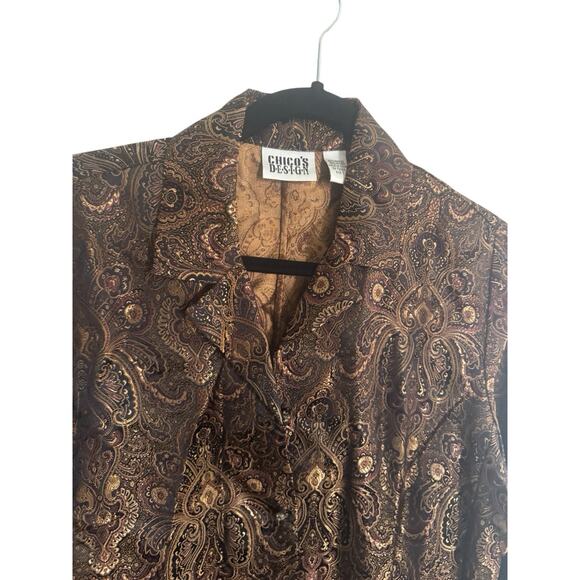 Chicos Size 1 Vintage Brown Gold Metallic Paisley Button Jacket Old Money #5632 - Picture 2 of 12
